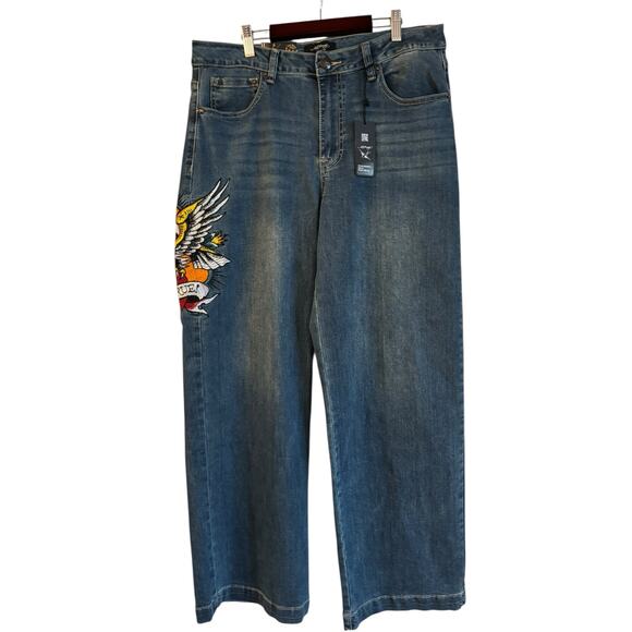 Ed Hardy Women’s Brave Eagle Wide Leg Jeans size 32 NWT Medium Blue Embroidered